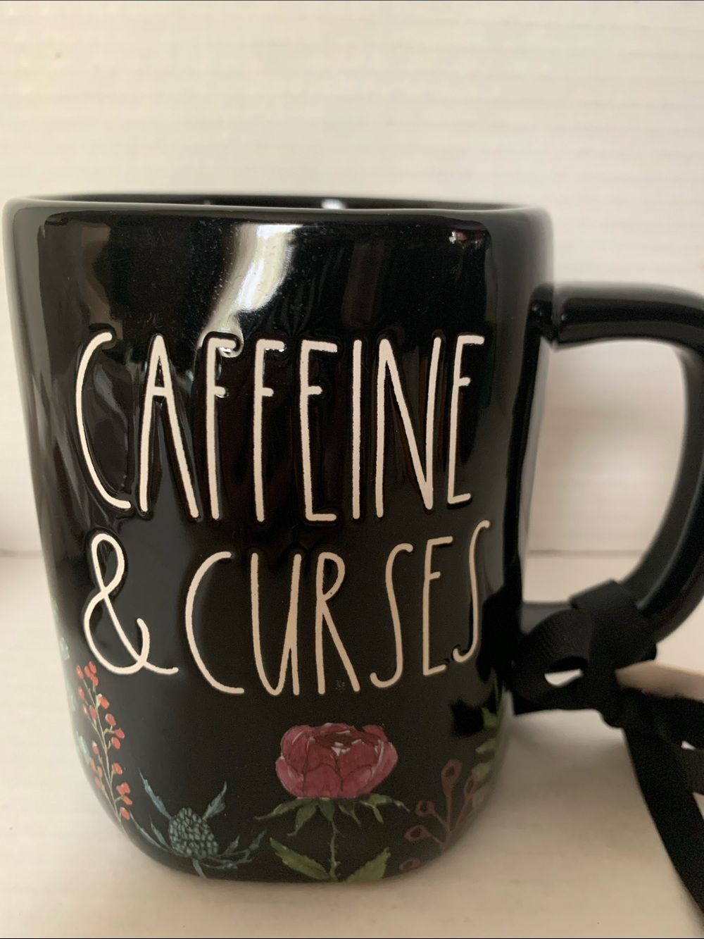 Rae Dunn Black "Caffeine & Curses" Floral Ceramic Mug